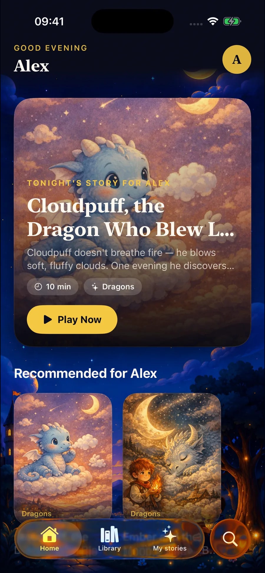 The app's home screen, with tonight's story for Alex